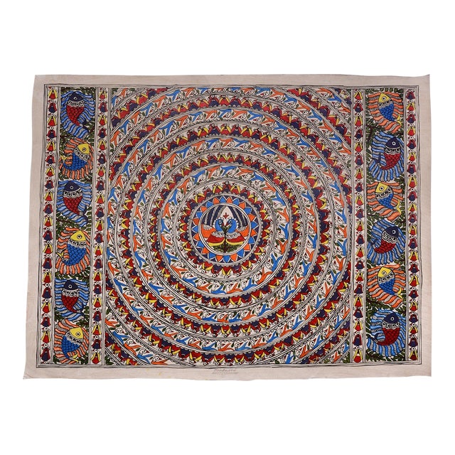 Original Hand-Painted Madhubani Folk Art by National Award Winner Mamta Devi – Birds & Fish on Canvas For Sale