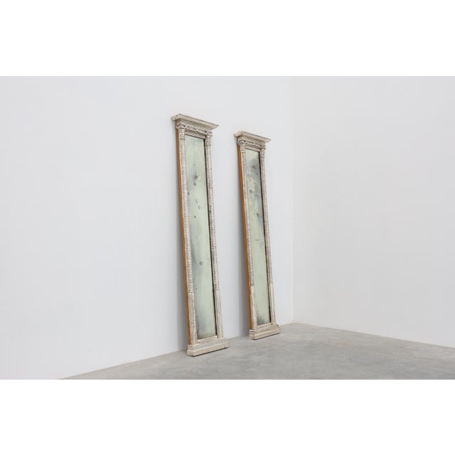 Neoclassical Silver Leaf Pier Mirrors with Ringed Columns and Cornice, Italy, 1850, Set of 2 For Sale - Image 6 of 13
