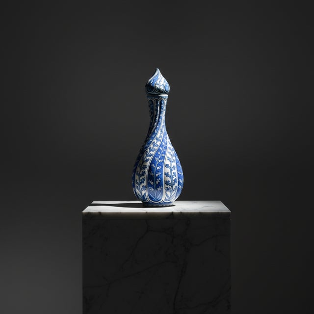 Blue Handmade Ceramic “Cesm-i Bulbul” Decanter (~35cm) Swirling Fluted Ewer – Blue & White Spiral Design For Sale - Image 8 of 8
