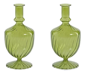 Vellum 2-Piece Set Green Spiral Glass Vases, Urn Shape