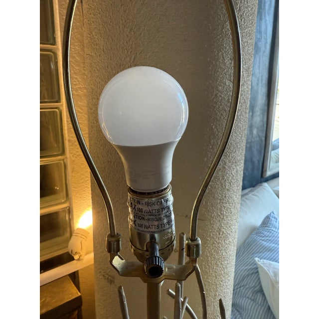 Vintage 1970s Modern Tropical Bamboo Gilt Metal Gilt Linen Table Lamp For Sale - Image 10 of 11