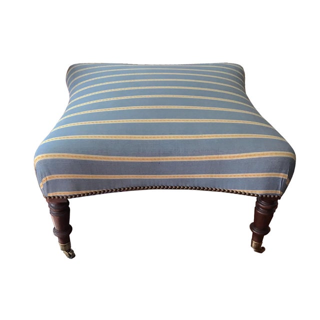 Vintage French Napoleon III Curved Back Armchair With Matching Ottoman Covered With Osborne & Little Mid Blue & Yellow Striped Silk Moiré. For Sale - Image 10 of 13