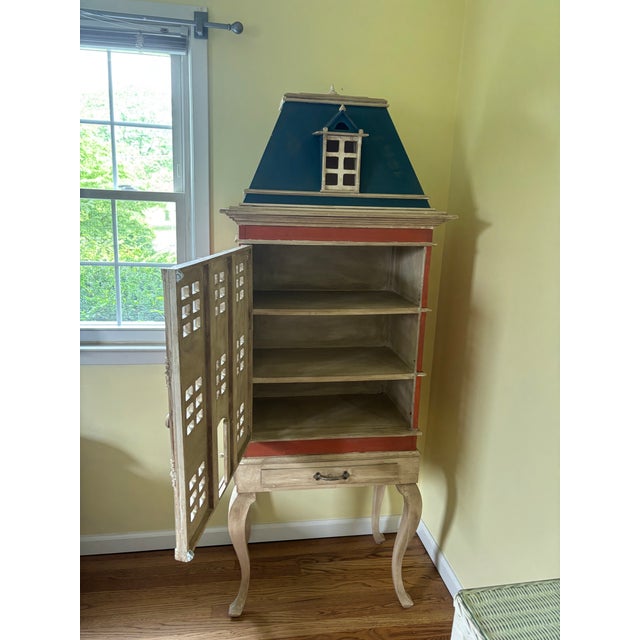 French Provincial Vintage Hand-Painted French Château Dollhouse Cabinet For Sale - Image 3 of 6
