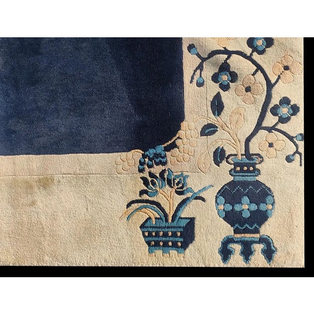 1930s 1920s Navy Open Field Floral Deco Antique Chinese Peking Room Size Rug For Sale - Image 5 of 6