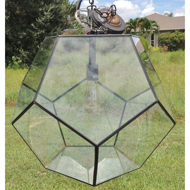 Black Large Vintage Late 20th Century Glass Metal Polygon Panel Ceiling Fixture Pendant For Sale - Image 8 of 8