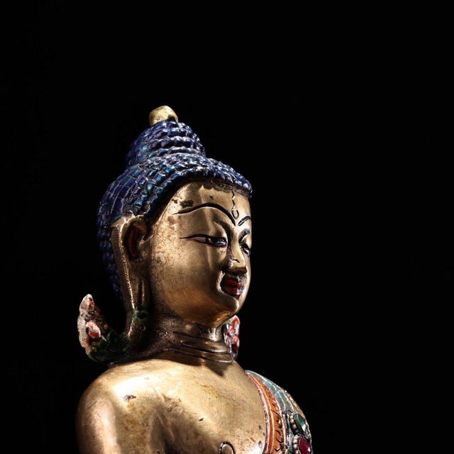 Late 20th Century Late 20th Century Tibetan Style Gilt Bronze Medicine Buddha Statue With Turquoise Inlay For Sale - Image 5 of 9