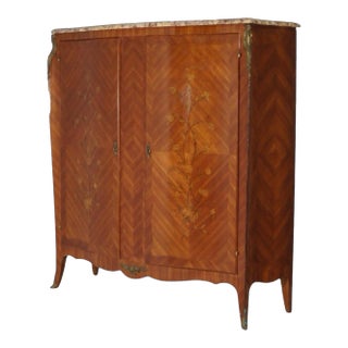 Antique Marble Top French Victorian Satinwood Floral Marquetry Inlay Armoire For Sale