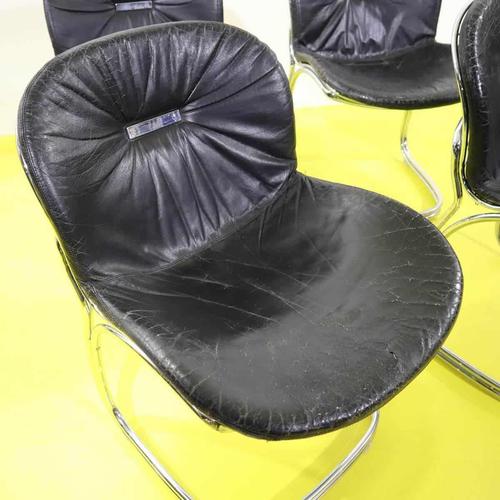 Set of 4 Gastone Rinaldi chairs in black faux leather and chrome steel. Designer: Gastone Rinaldi