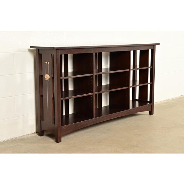 Stickley Harvey Ellis Collection Mission Arts & Crafts Inlaid Cherry Wood Slatted Triple Bookcase For Sale - Image 12 of 12