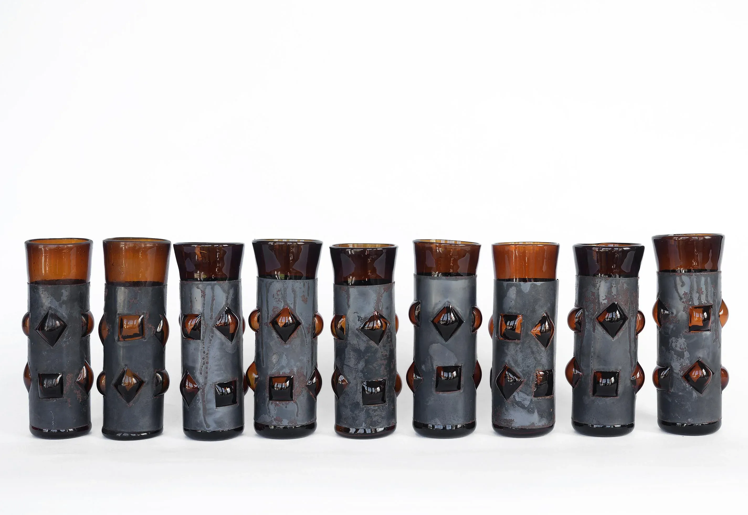 Lot De 6 Anciens Gobelets En Verre Soufflé Brutaliste - Felipe Derflingher - Bleu