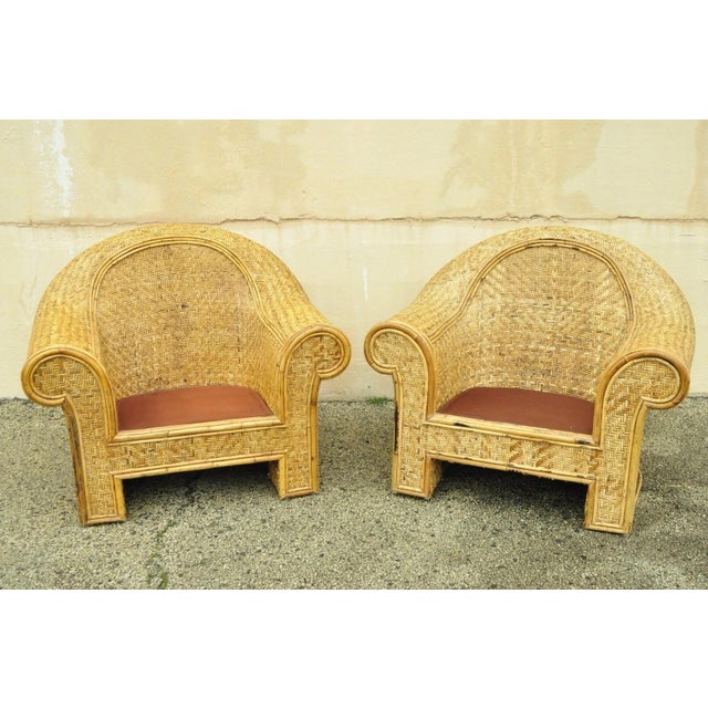 Late 20th Century Ralph Lauren Attr. Large Woven Wicker Rattan Club Lounge Chairs - A Pair For Sale - Image 10 of 12