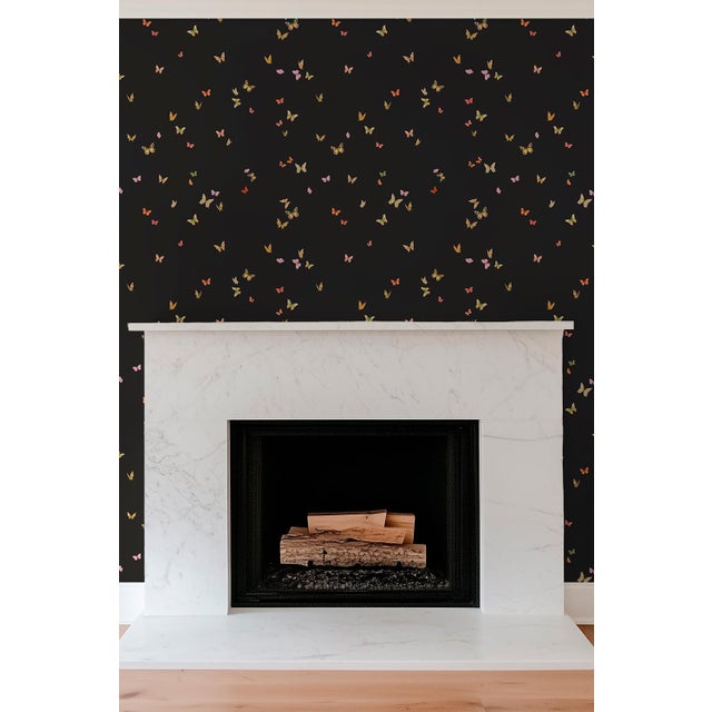Chinoiserie Butterfly Grove Grasscloth Wallpaper by House Party | Midnight Black | 6 Yards For Sale - Image 3 of 6