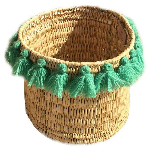 Moroccan Mint Green Tassel Large Basket For Sale - Image 4 of 4