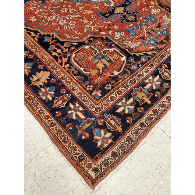 Ivory Antique Farahan Sarouk Handmade Oriental Rusty Red & Navy Blue Rug For Sale - Image 8 of 12