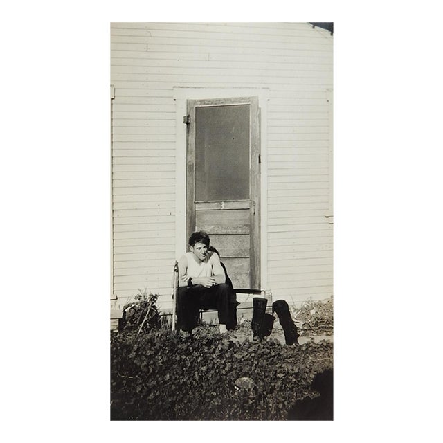 Early 20th Century Snapshot Photograph Lonely Man on Stairs For Sale