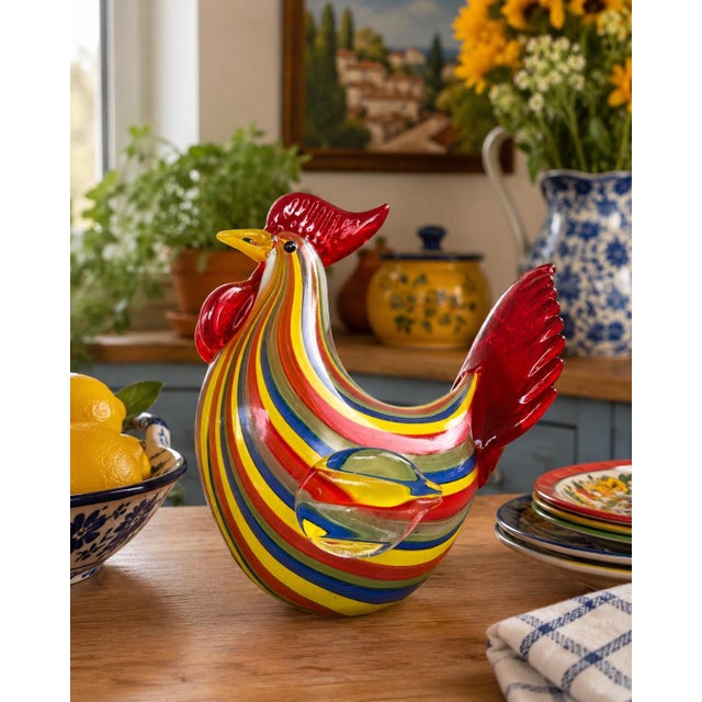 Striking hand-blown art glass rooster by Lenox, featuring a bold, sculptural form and vibrant multicolor striped...