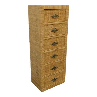 Wicker Rattan Caned Hollywood Regency Tall Narrow Lingerie Jewelry Chest For Sale