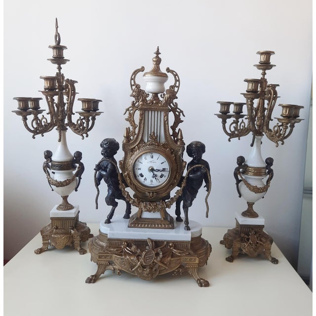 1940s Lancini Clock with Louis XVI Style Candlesticks, 1940s, Set of 3 For Sale - Image 5 of 18