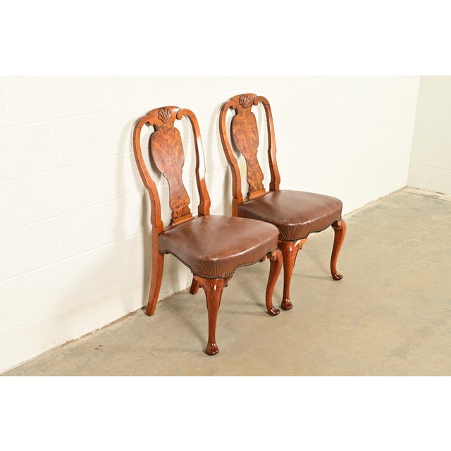 Baker Furniture Company Antique English Queen Anne Burl Wood Side Chairs or Dining Chairs, Circa 1860s For Sale - Image 4 of 14