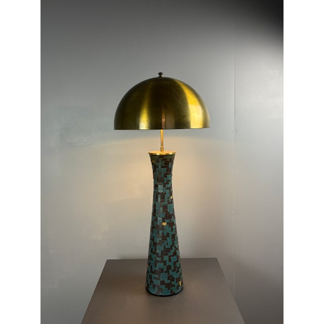 Mid-Century Modern Mosaic and Brass Table Lamp with Gold Mushroom Metal Dome Shade, 1960s For Sale - Image 17 of 18