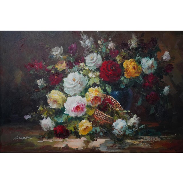 1980s Avancaria Artist Signed Floral Still Life Oil Paint on Canvas For Sale - Image 5 of 13