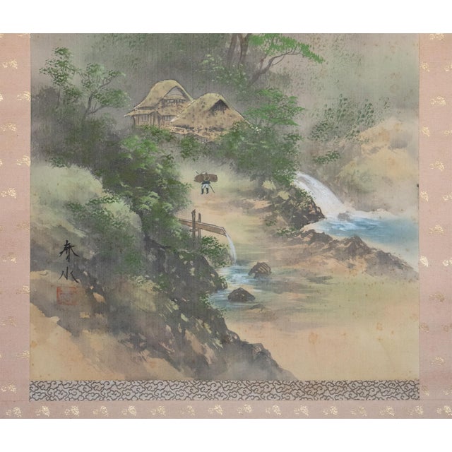 Tan "Landscape With Waterfall", Showa Japanese Silk Scroll Painting For Sale - Image 8 of 18