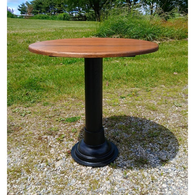 1930s Antique Round Oak Top Pub Table or Game Table With Cast Iron Column Base For Sale - Image 5 of 17