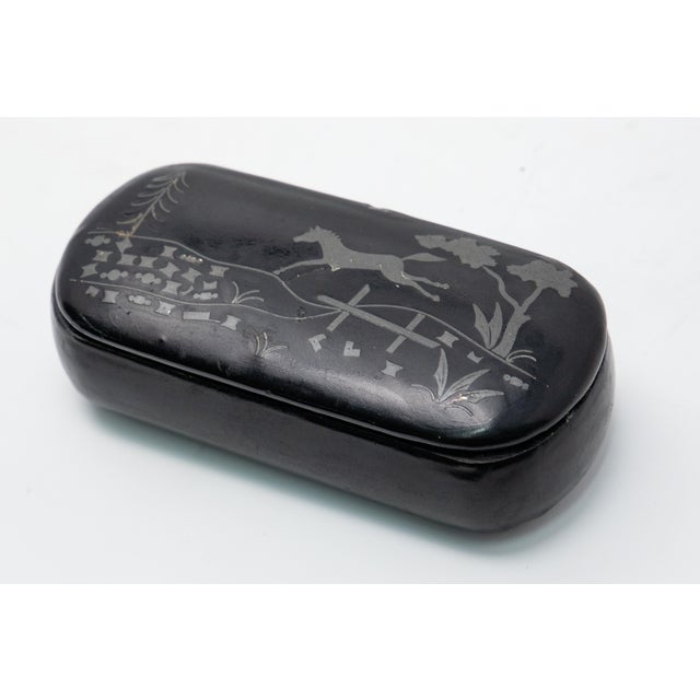 Mid-Century Modern Vintage Horse Jumping Scene Enamel Black Lacquer Box For Sale - Image 3 of 11
