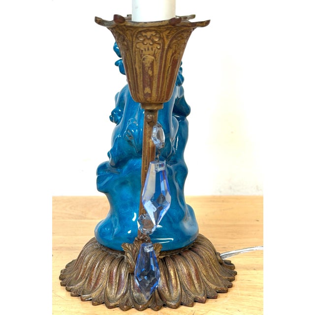 Early 20th Century French Belle Époque Chinoiserie Foo Dog Candelabra Lamp, Turquoise Flambé For Sale - Image 9 of 11