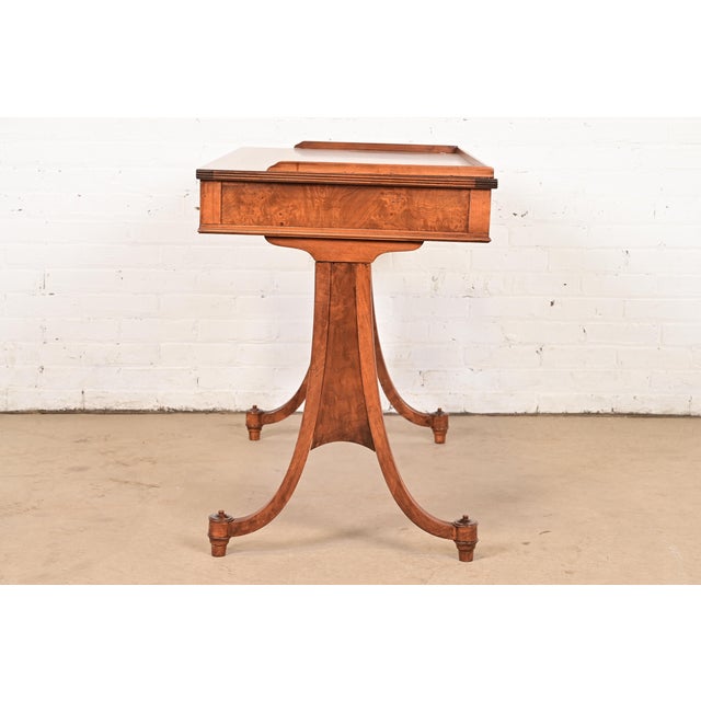 Baker Furniture English Regency Burled Walnut Writing Desk or Console Table, Newly Refinished For Sale - Image 10 of 12