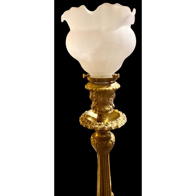 A stunning vintage French gilt brass candlestick now converted as a lamp with an outstanding hand made frosted and etched...