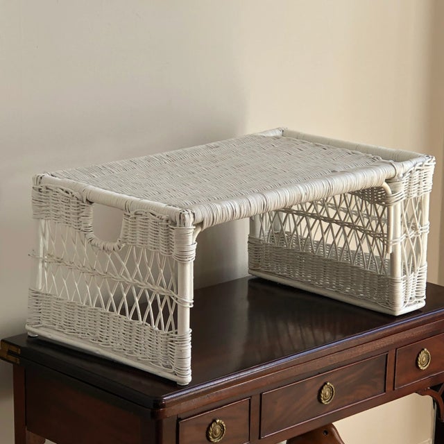 Two available! Offering a beautiful mid-20th century white wicker breakfast tray for a morning of leisure and relaxation....