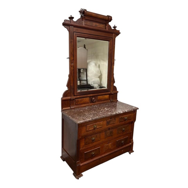 Blue 1990s Vintage Walnut Marble Top Dresser With Large Mirror For Sale - Image 8 of 8