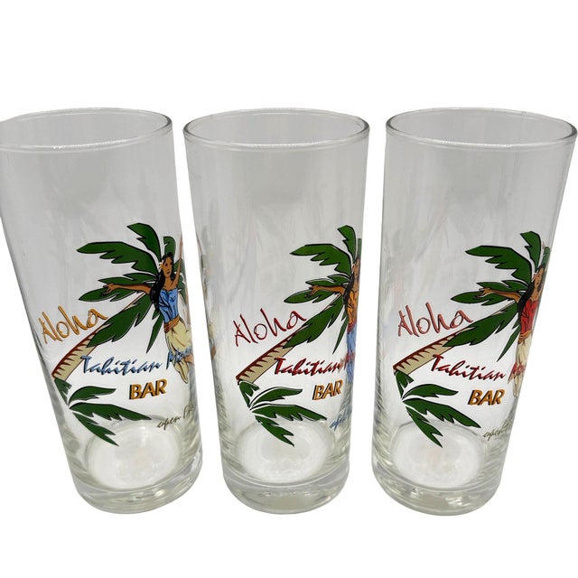 1990s 1990s Tiki Hula Girl Hawaiian High Ball Bar Drinking Glass Tahitian Moon Bar, Set of 3 For Sale - Image 5 of 9