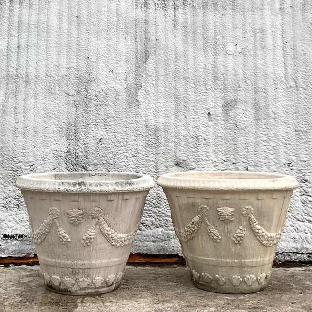 Vintage Coastal Monumental Swag Cast Concrete Planters - Set of 2 For Sale - Image 4 of 5