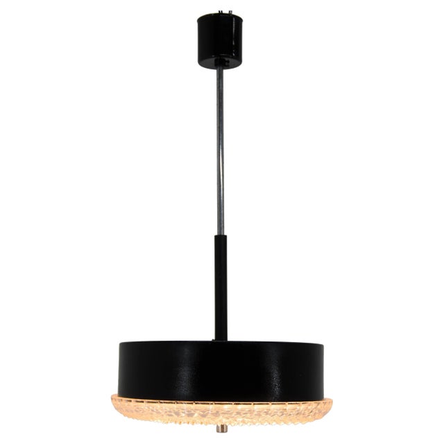 Set of two pendants made of black metal and glass. Very good original condition Rewired: 3x40W, E25-E327 bulbs US wiring...