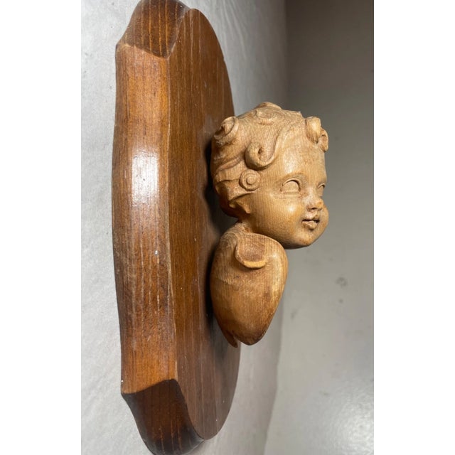 Antique Hand Carved Wood Winged Cherub Sculpture Wall Plaque Figure Bust Art For Sale - Image 9 of 12