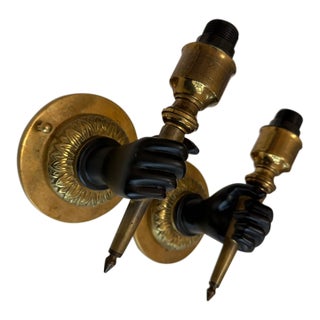 1930s Maison Charles French Brass Fist and Torch Wall Sconces - Set of 2 For Sale