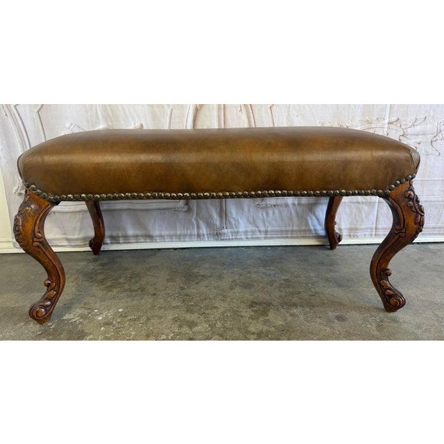 French Antique French Louis XV Bench, Hand-Carved Wood & Brown Leather For Sale - Image 3 of 14