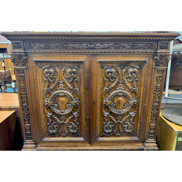 Wood Antique French Renaissance Revival Carved Oak Hunt Cabinet / Buffet For Sale - Image 7 of 16