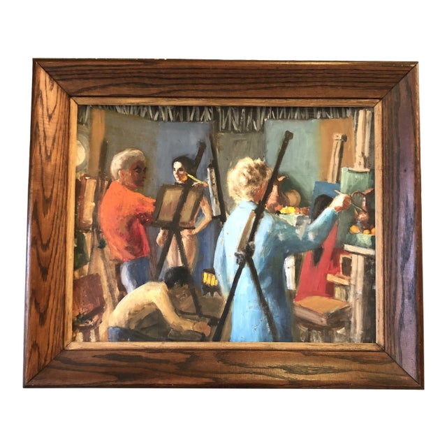 Vintage Mid Century Modern Art Students League Ny Original Painting " Silent Protest About Overcrowding in Studio 8!" For Sale