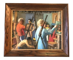 Vintage Mid Century Modern Art Students League Ny Original Painting " Silent Protest About Overcrowding in Studio 8!"