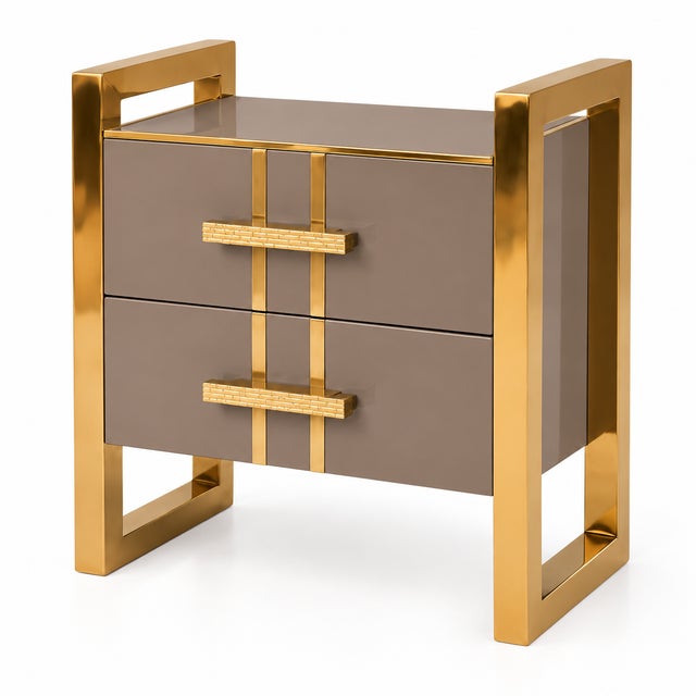 Taupe Glass Two-Drawer Nightstands with Architectural Brass Frames from Justfurnituress SRL, Set of 2 For Sale - Image 4 of 10