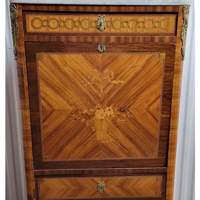 19th Century Louis XVI Style Marquetry Secretary With Marble Top For Sale - Image 4 of 12
