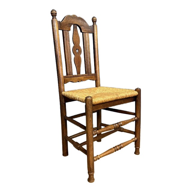 Dutch Oak Chair with Rush Seat For Sale