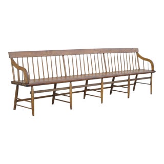 Antique 114" Long Spindle Back Pine Wood Deacons Windsor Farm Bench 9.5' Ft Long For Sale