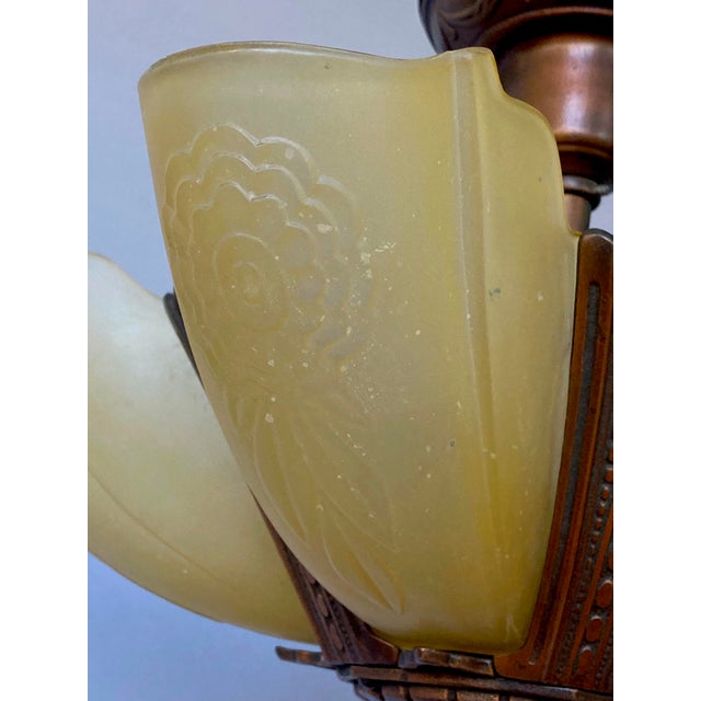 Metal 1930s Puritan 5-Light Flush Mount Copper-Plate Art Deco Chandelier, Slip Shades For Sale - Image 7 of 8