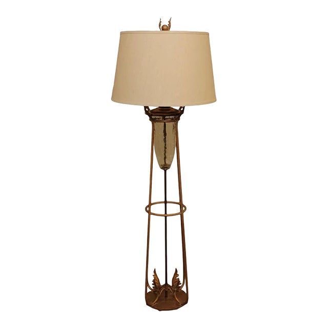 Vintage Wrought Iron and Glass Floor Lamp For Sale