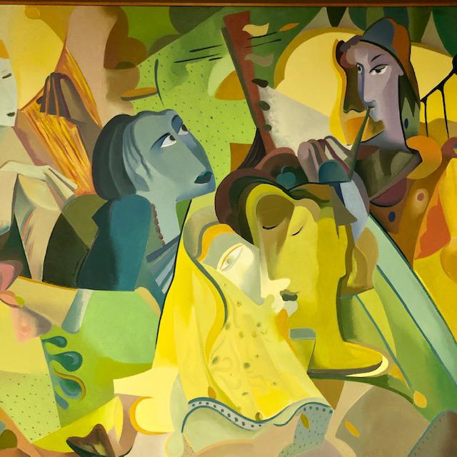 Contemporary Cubist Figurative Painting of Minstrels on Canvas, Framed For Sale - Image 4 of 7