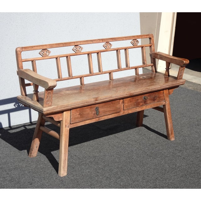 Chinoiserie Vintage Rustic Chinoiserie Teak Bench W Two Drawers For Sale - Image 3 of 17